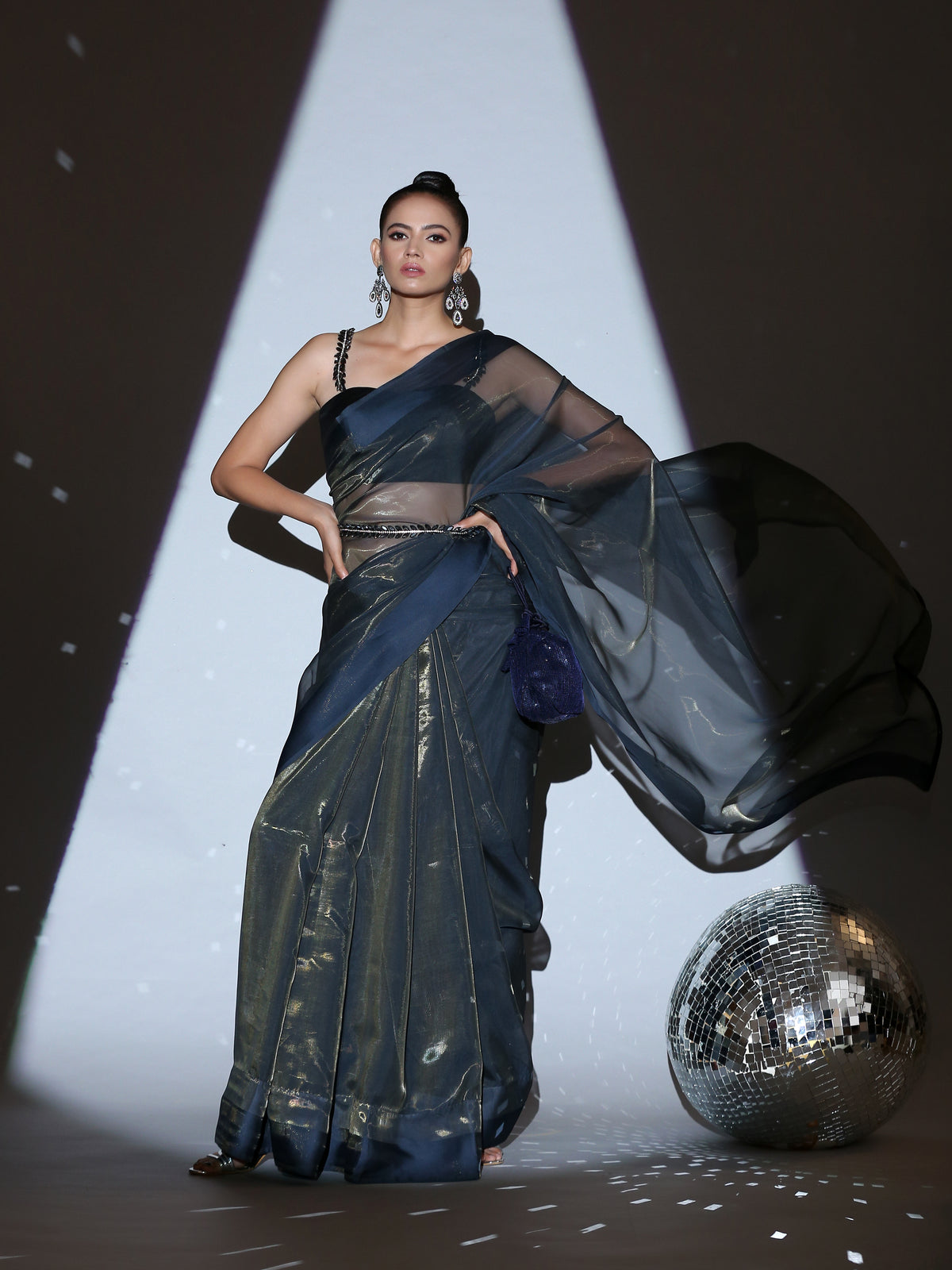 Cosmic blue illusion organza saree — view 5