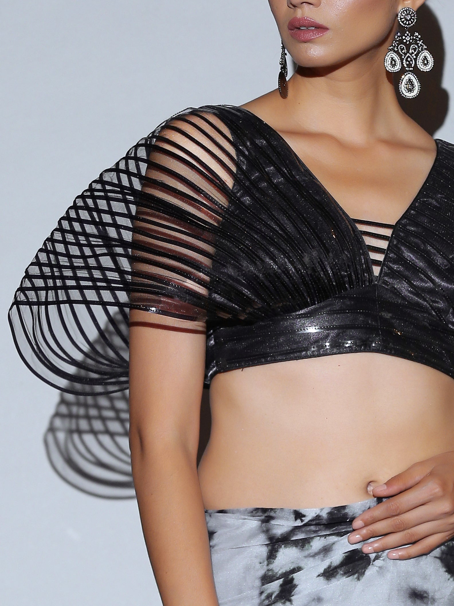 SET | Black White Tie Dye Saree + Black impressions blouse