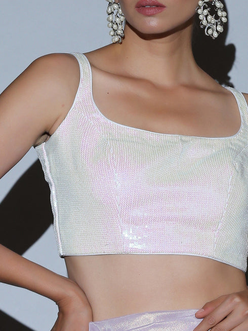 SET | Pink Gold Chiffon Saree with Iridescent Sequin Square Neck Blouse - 2 Piece