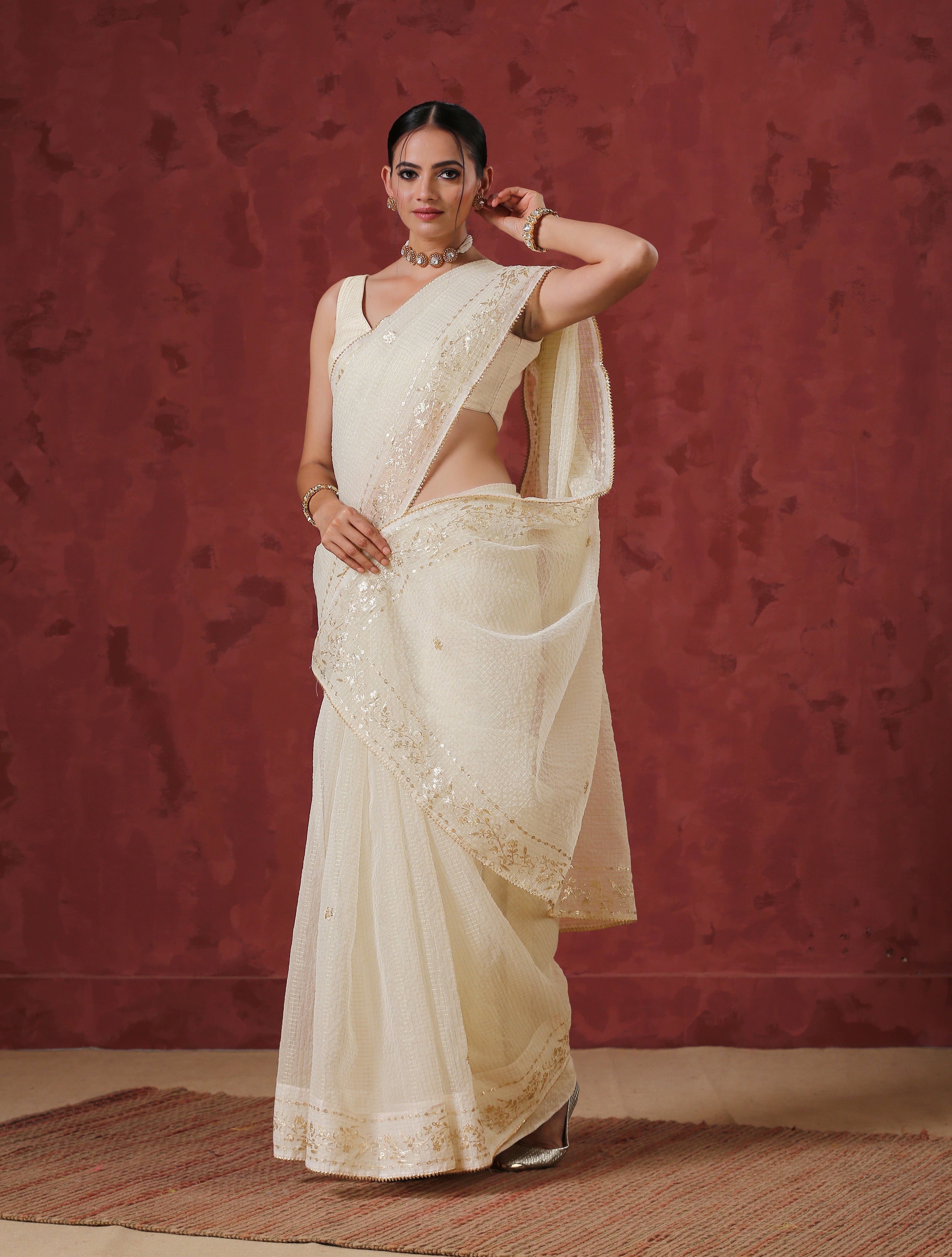 Pitta cream kota hand embroidered saree — view 4