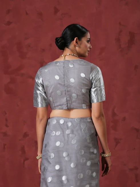 Grey Dot Organza Blouse with Border on Sleeves