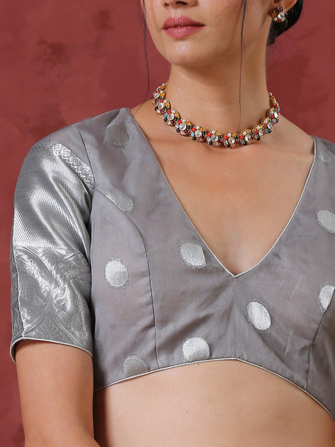 Grey Dot Organza Blouse with Border on Sleeves