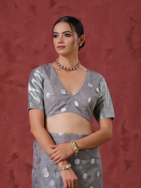 Grey Dot Organza Blouse with Border on Sleeves