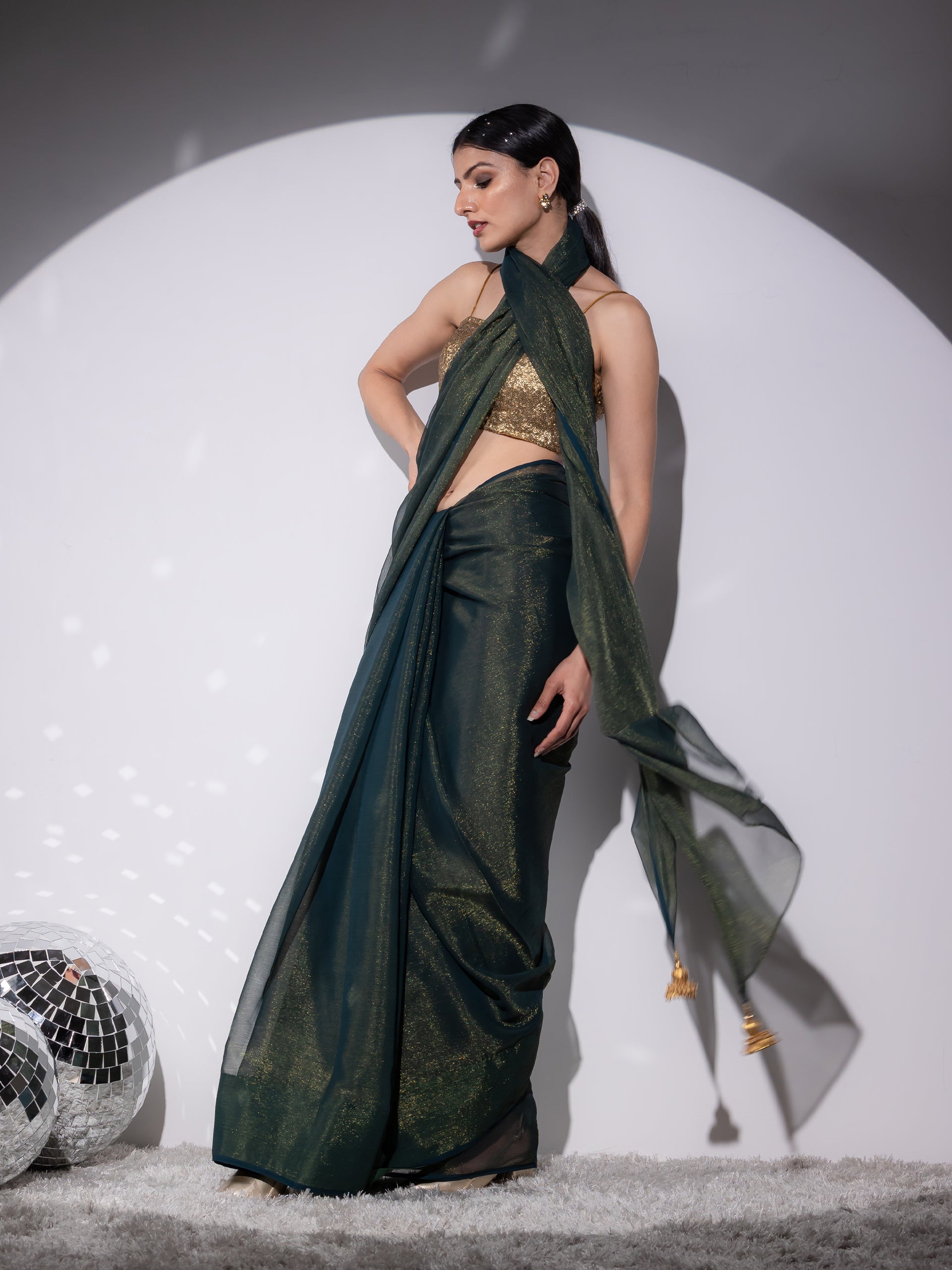 SET | Henna Shimmer & Shine Chiffon Saree with Gold Sequin Bustier - 2 Piece