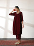 Women's Burgundy Velvet Kurta with Mirror Lace and Pants 2 Piece Set | Straight Fit, V Neck, 3/4 Sleeves, Pants, Festive Wear, (Velvet)