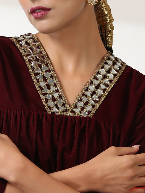 Women's Burgundy Velvet Kurta with Mirror Lace and Pants 2 Piece Set | Straight Fit, V Neck, 3/4 Sleeves, Pants, Festive Wear, (Velvet)