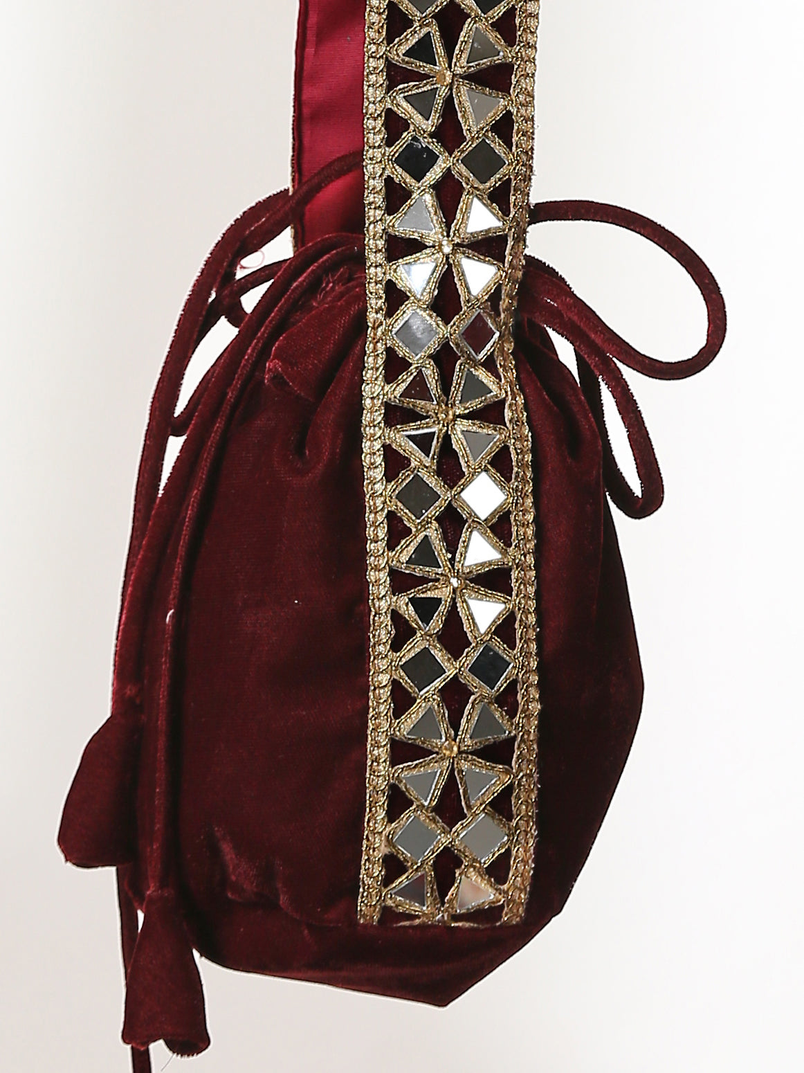Potli Bag - Maroon velvet with mirror lace handle