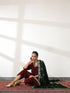 Women's Burgundy Velvet Kurta with Mirror Lace and Pants 2 Piece Set | Straight Fit, V Neck, 3/4 Sleeves, Pants, Festive Wear, (Velvet)