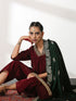 Women's Burgundy Velvet Kurta with Mirror Lace and Pants 2 Piece Set | Straight Fit, V Neck, 3/4 Sleeves, Pants, Festive Wear, (Velvet)