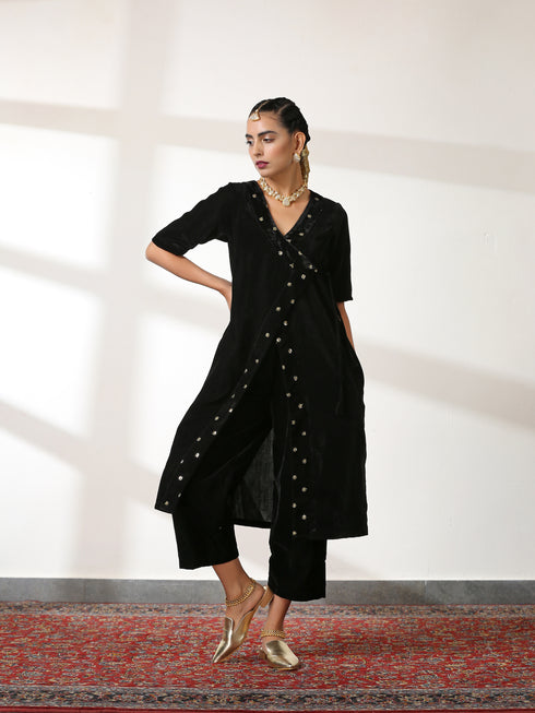Women's Angrakha Black Velvet Top Set with Sequin Trim and Pant 2 Piece Set | Straight Fit, V Neck, 3/4 Sleeves, Pants, Partywear, (Velvet)