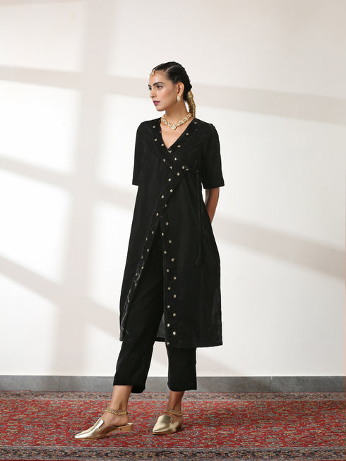 Women's Angrakha Black Velvet Top Set with Sequin Trim and Pant 2 Piece Set | Straight Fit, V Neck, 3/4 Sleeves, Pants, Partywear, (Velvet)