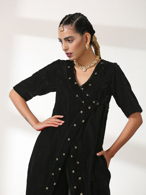 Women's Angrakha Black Velvet Top Set with Sequin Trim and Pant 2 Piece Set | Straight Fit, V Neck, 3/4 Sleeves, Pants, Partywear, (Velvet)