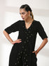 Women's Angrakha Black Velvet Top Set with Sequin Trim and Pant 2 Piece Set | Straight Fit, V Neck, 3/4 Sleeves, Pants, Partywear, (Velvet)