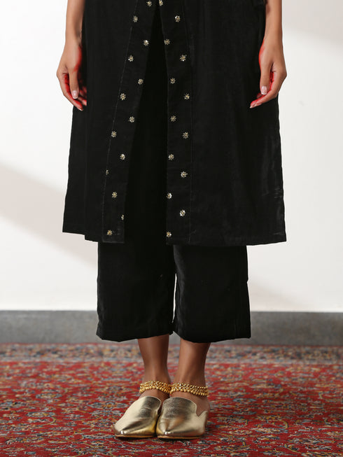 Women's Angrakha Black Velvet Top Set with Sequin Trim and Pant 2 Piece Set | Straight Fit, V Neck, 3/4 Sleeves, Pants, Partywear, (Velvet)