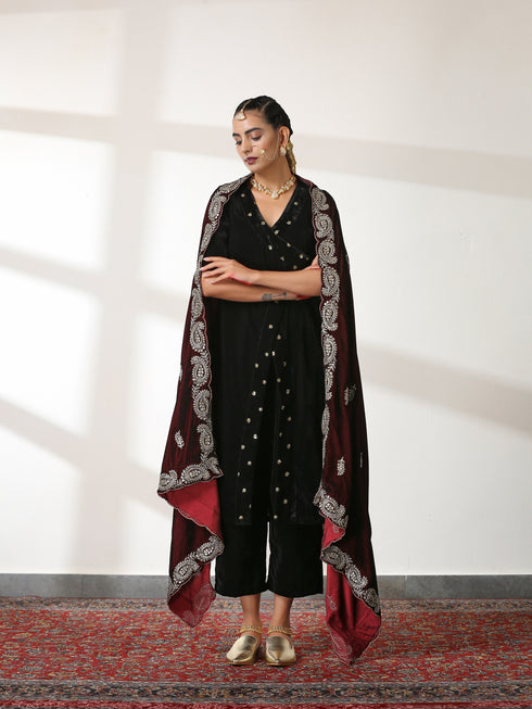 Women's Angrakha Black Velvet Top Set with Sequin Trim and Pant 2 Piece Set | Straight Fit, V Neck, 3/4 Sleeves, Pants, Partywear, (Velvet)