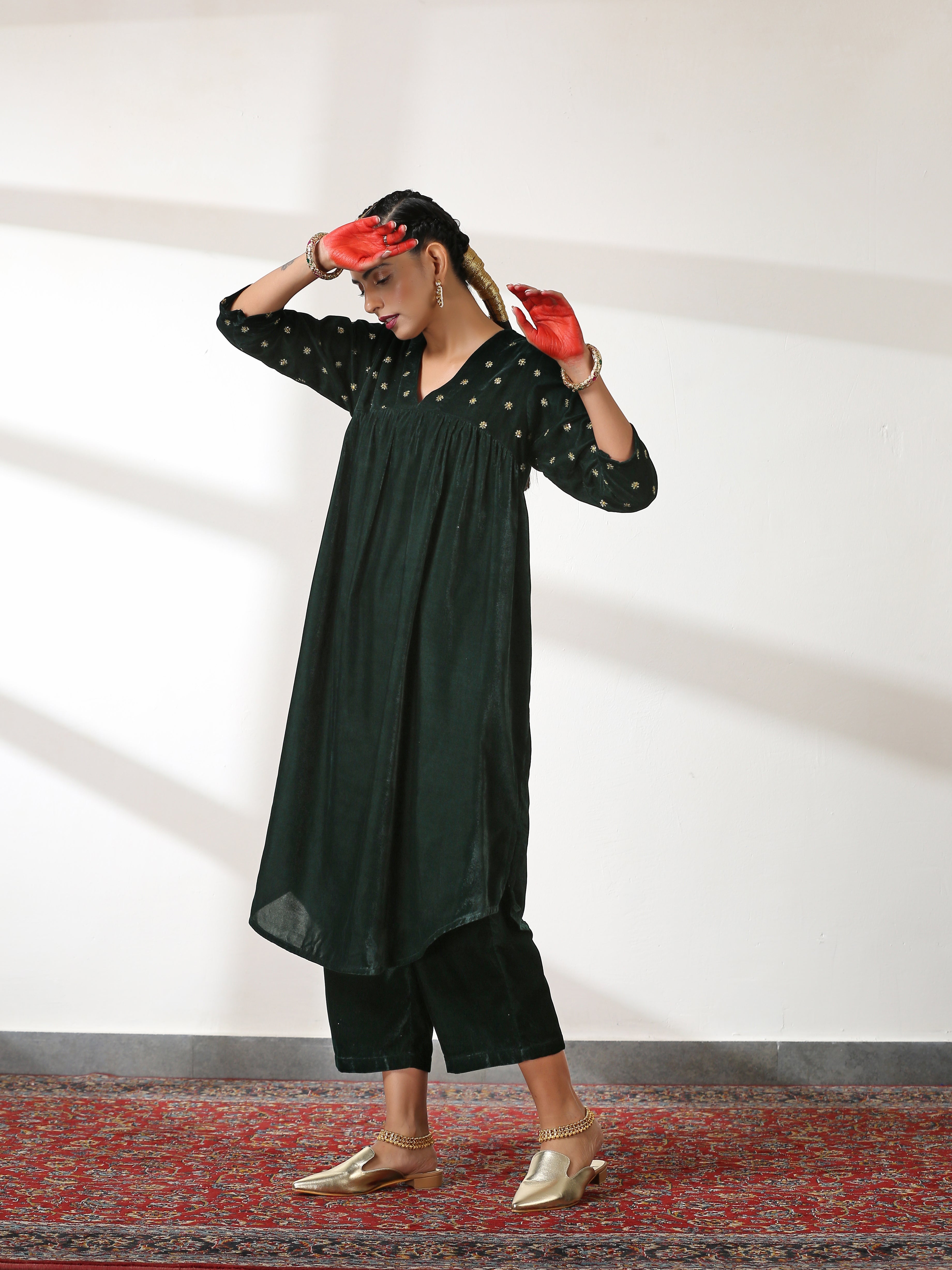 Women's Green Velvet Top with Sequined Sleeves and Yoke 2 Piece Set | Straight Fit, V Neck, 3/4 Sleeves, Pants, Partywear, (Velvet)