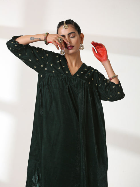 Women's Green Velvet Top with Sequined Sleeves and Yoke 2 Piece Set | Straight Fit, V Neck, 3/4 Sleeves, Pants, Partywear, (Velvet)