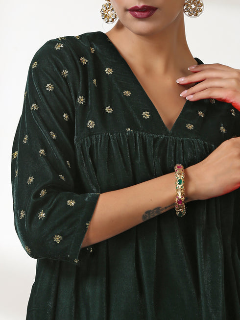 Women's Green Velvet Top with Sequined Sleeves and Yoke 2 Piece Set | Straight Fit, V Neck, 3/4 Sleeves, Pants, Partywear, (Velvet)