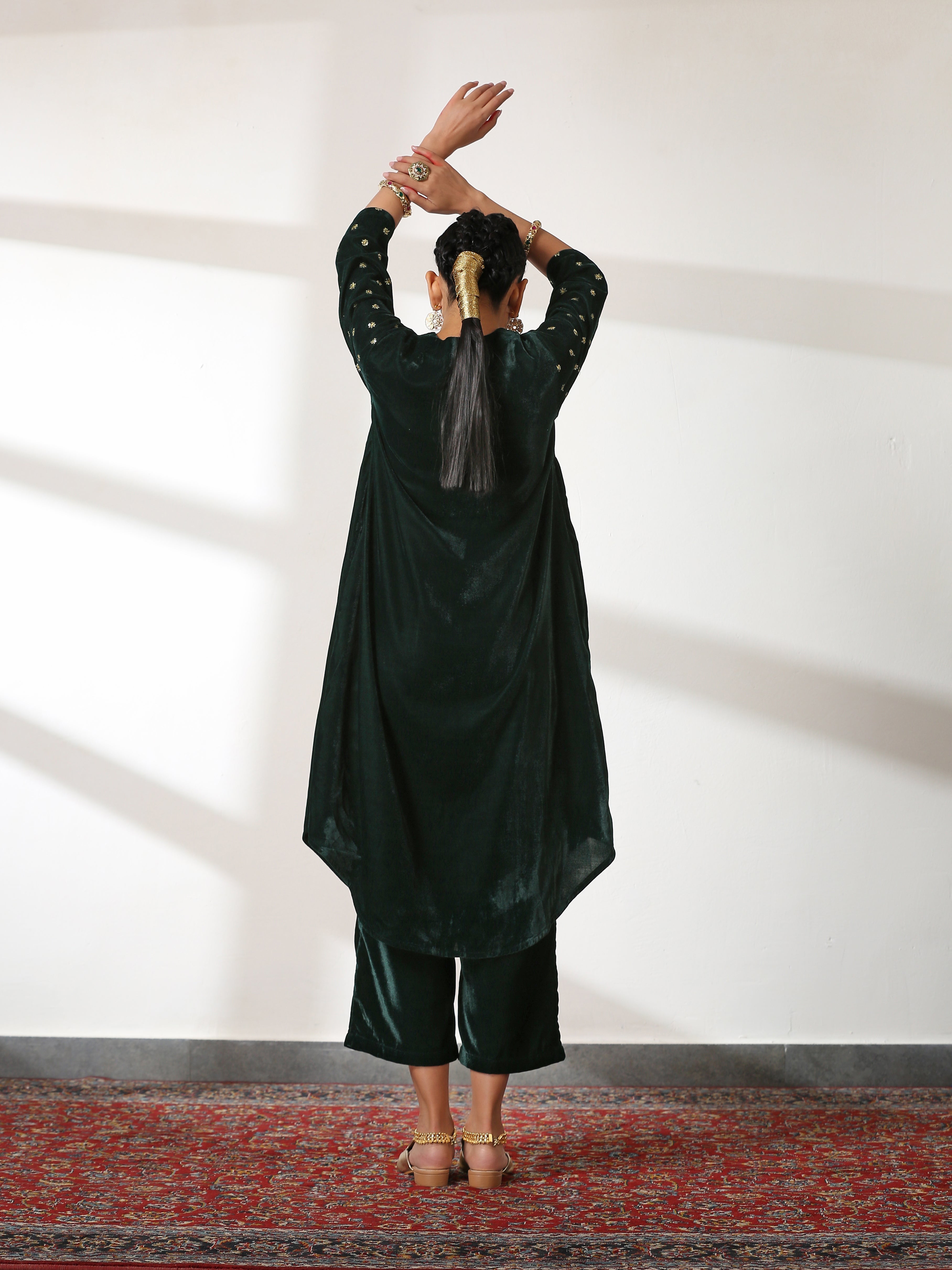 Women's Green Velvet Top with Sequined Sleeves and Yoke 2 Piece Set | Straight Fit, V Neck, 3/4 Sleeves, Pants, Partywear, (Velvet)