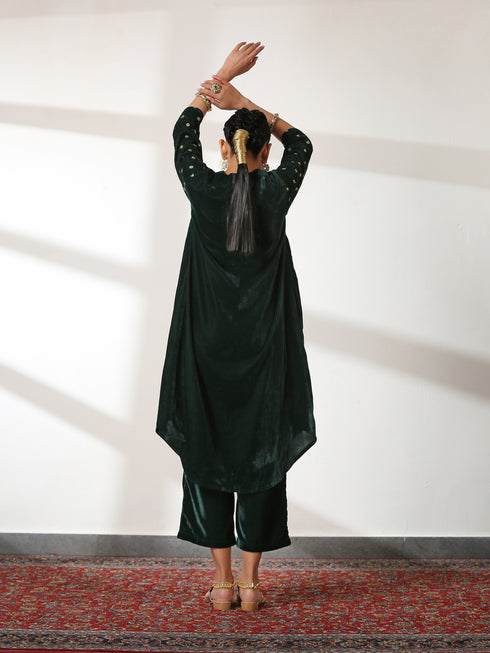 Women's Green Velvet Top with Sequined Sleeves and Yoke 2 Piece Set | Straight Fit, V Neck, 3/4 Sleeves, Pants, Partywear, (Velvet)