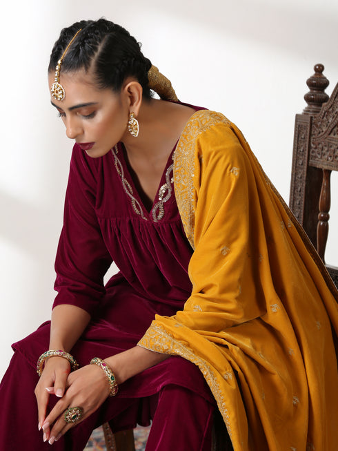 Mustard Shawl With All Over Parallel Embroidery