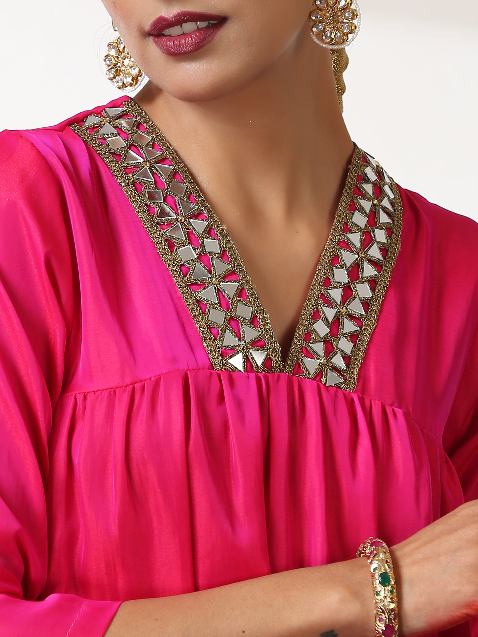 Women's Fuchsia Kurta Set with Mirror Lace and Pants 2 Piece Set | Straight Fit, V Neck, 3/4 Sleeves, Pants, Festive Wear, (Satin)