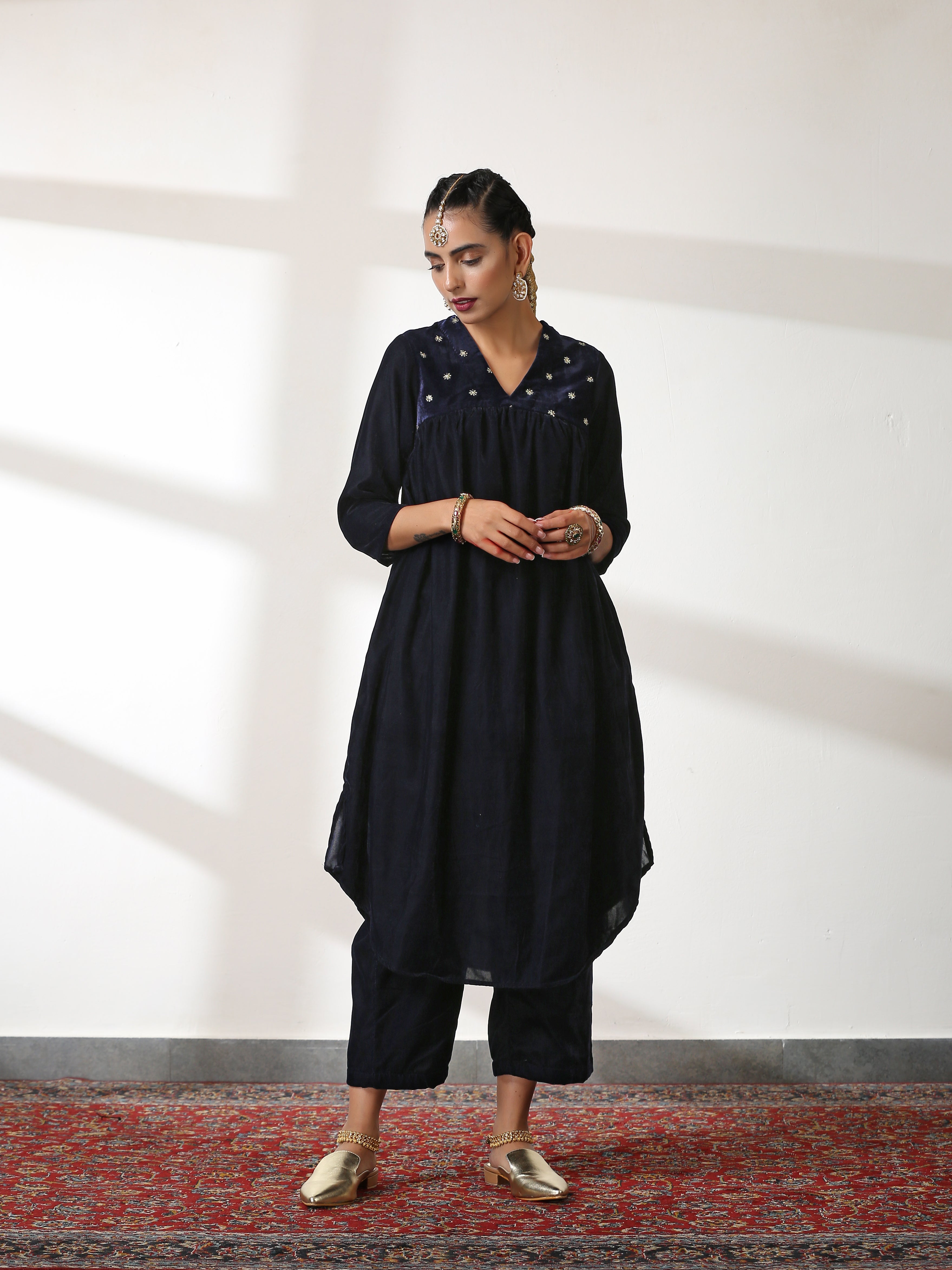 Women's Azure Velvet Kurta with Sequined Yoke and Pants 2 Piece Set | Straight Fit, V Neck, 3/4 Sleeves, Pants, Festive Wear, (Velvet)