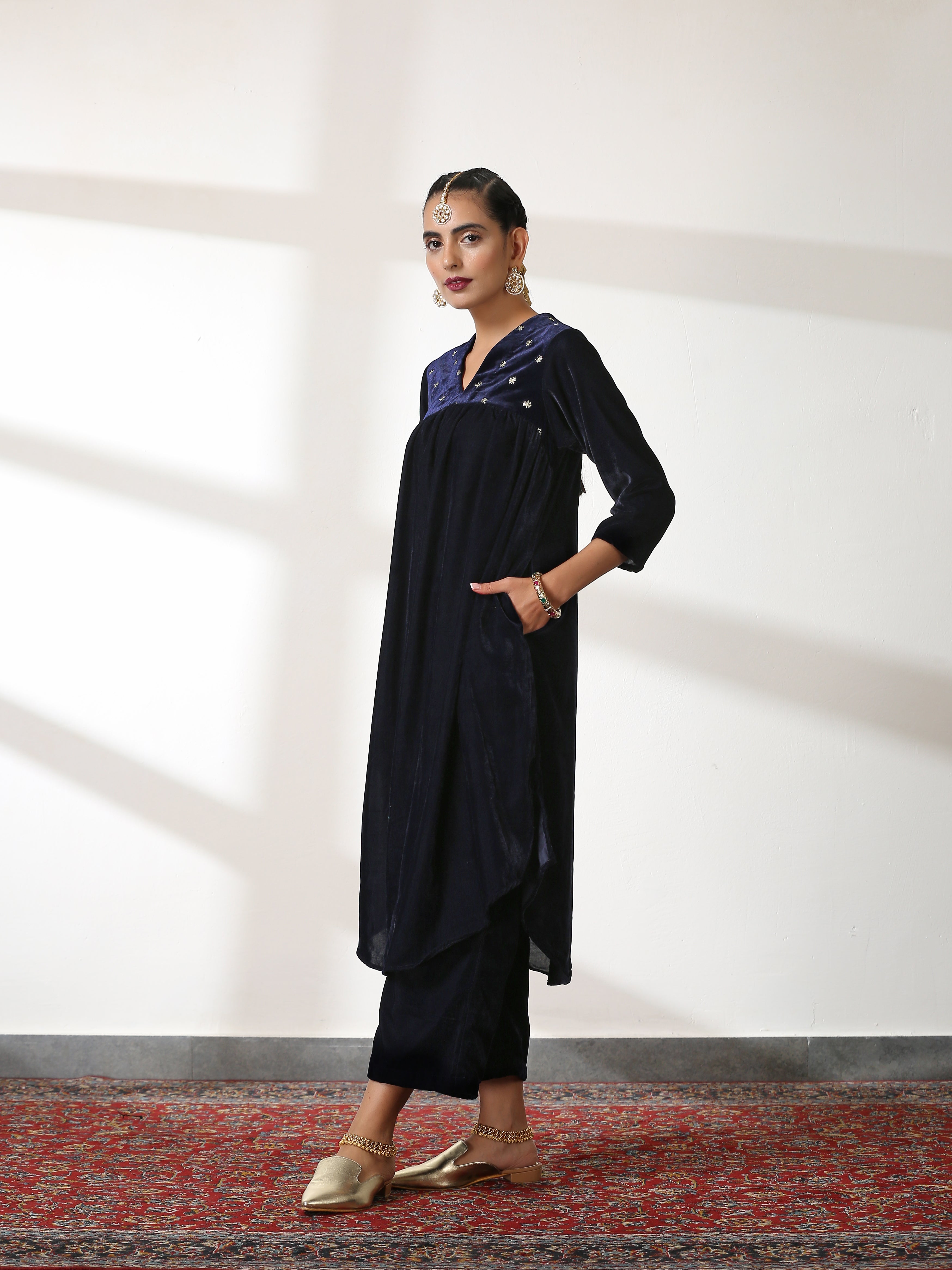 Women's Azure Velvet Kurta with Sequined Yoke and Pants 2 Piece Set | Straight Fit, V Neck, 3/4 Sleeves, Pants, Festive Wear, (Velvet)
