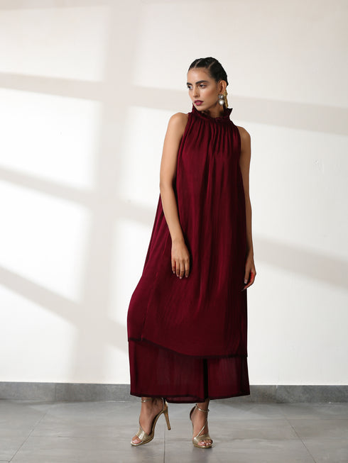 Women's Ruff Maroon Dual Colour Pleated Top Set with Bottom 2 Piece Set | Straight Fit, Round Neck, Sleeveless, Pants, Festive Wear, (Satin)