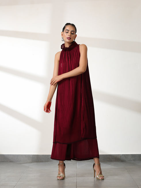 Women's Ruff Maroon Dual Colour Pleated Top Set with Bottom 2 Piece Set | Straight Fit, Round Neck, Sleeveless, Pants, Festive Wear, (Satin)
