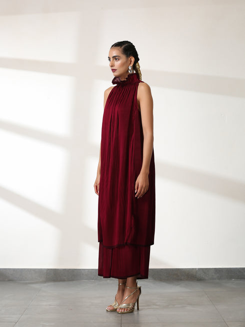 Women's Ruff Maroon Dual Colour Pleated Top Set with Bottom 2 Piece Set | Straight Fit, Round Neck, Sleeveless, Pants, Festive Wear, (Satin)