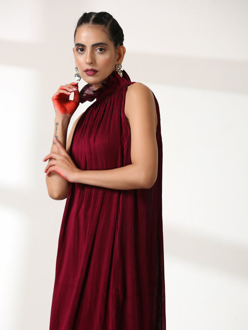 Women's Ruff Maroon Dual Colour Pleated Top Set with Bottom 2 Piece Set | Straight Fit, Round Neck, Sleeveless, Pants, Festive Wear, (Satin)