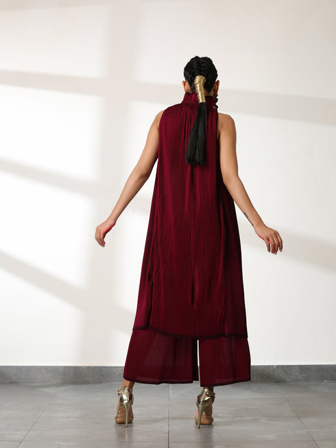 Women's Ruff Maroon Dual Colour Pleated Top Set with Bottom 2 Piece Set | Straight Fit, Round Neck, Sleeveless, Pants, Festive Wear, (Satin)