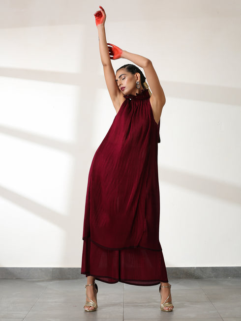 Women's Ruff Maroon Dual Colour Pleated Top Set with Bottom 2 Piece Set | Straight Fit, Round Neck, Sleeveless, Pants, Festive Wear, (Satin)