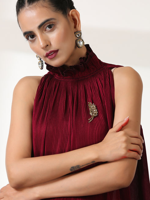 Women's Ruff Maroon Dual Colour Pleated Top Set with Bottom 2 Piece Set | Straight Fit, Round Neck, Sleeveless, Pants, Festive Wear, (Satin)