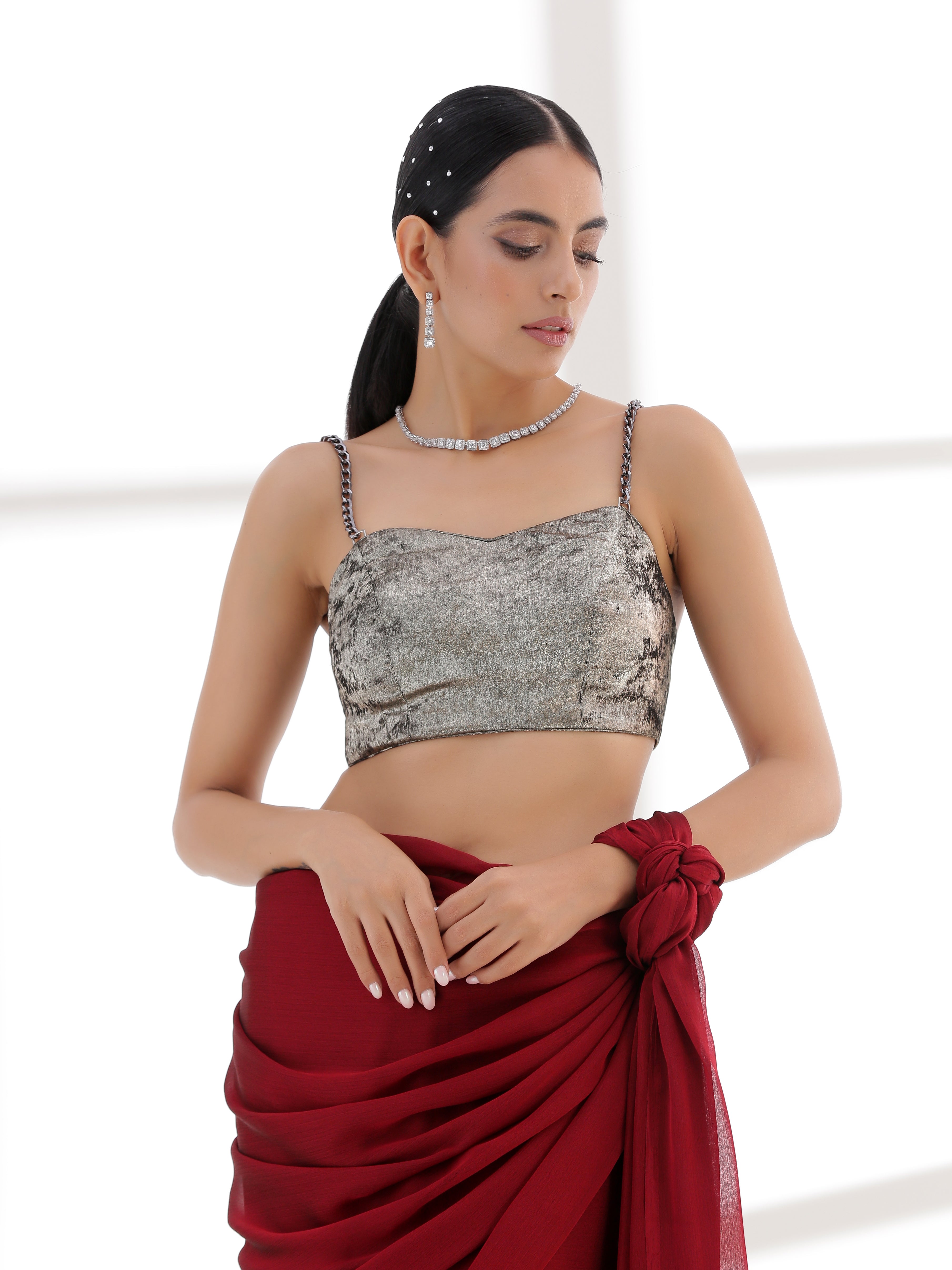 Blouse - Crushed Metallic Blouse with Metal Straps