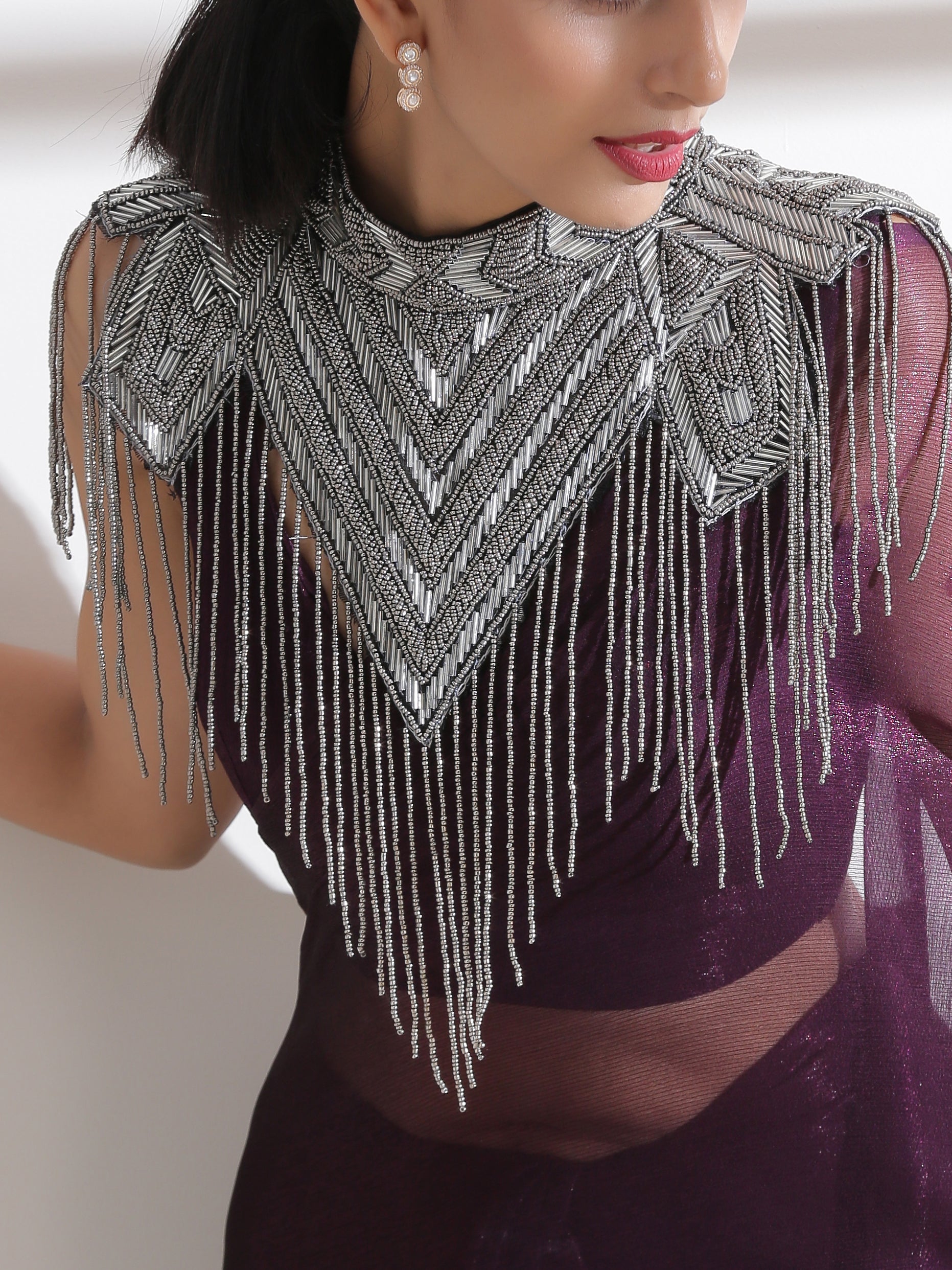 Cape Silver Grey Beaded Diagonal Cape