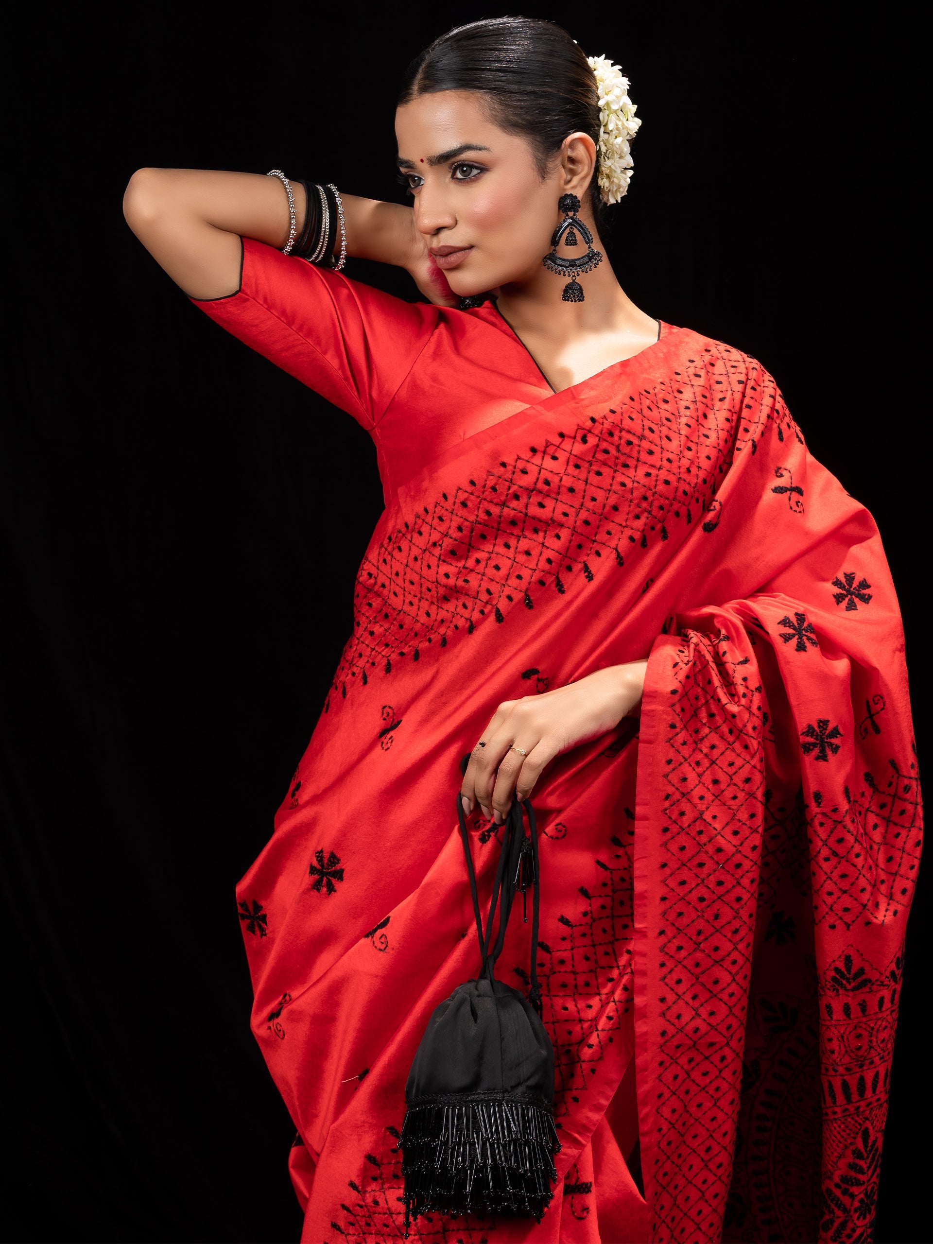 Red Cotton Saree with Black Hand Kantha stitch
