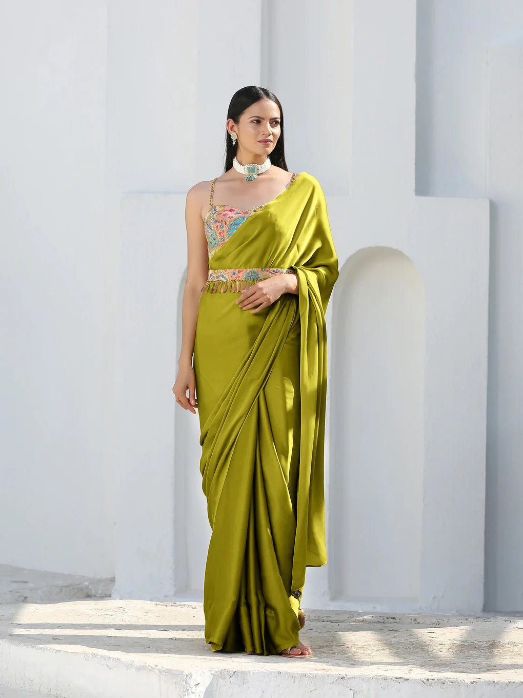 Lime satin saree with gold flat pendants — view 2