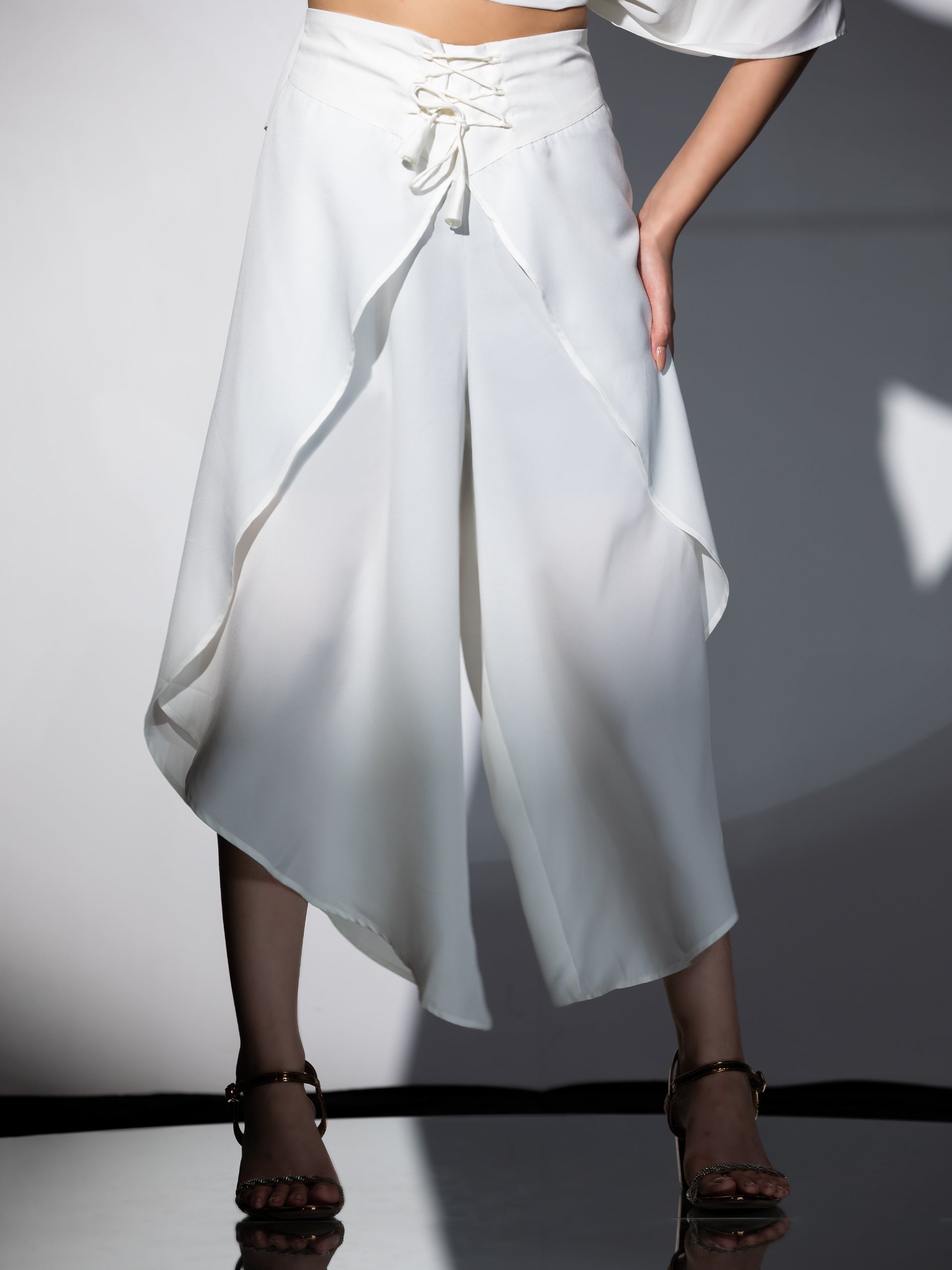 Women's Bree Cream Crepe Co-Ordinate Set with Gold Triangle Lace and Overlap Dhoti 2 Piece Set | Straight Fit, Round Neck, 3/4 Sleeves, Dhoti Pants, Festive Wear, (Crepe)