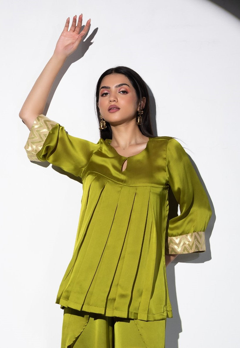 Women's Lime Green Satin Kurta with Pleated Front and Inner Brocade Cuff 1 Piece | Straight Fit, Round Neck, 3/4 Sleeves, Festive Wear, (Satin)
