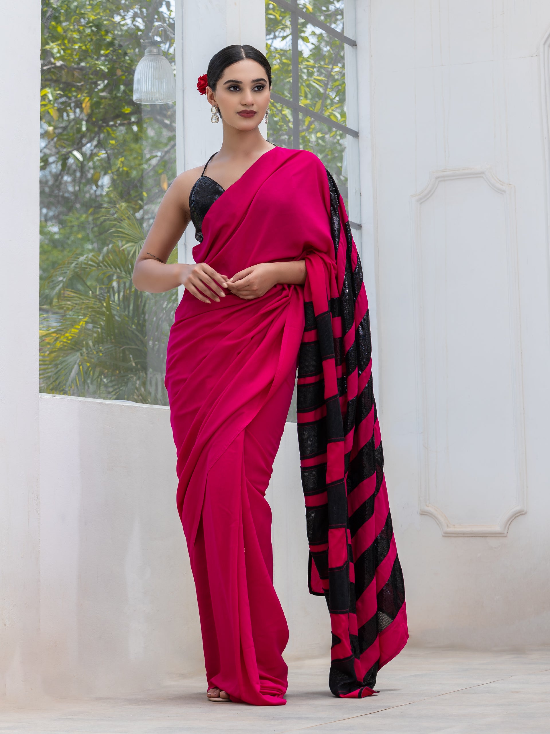 Raw Pink Power Saree with Zebra Sequins