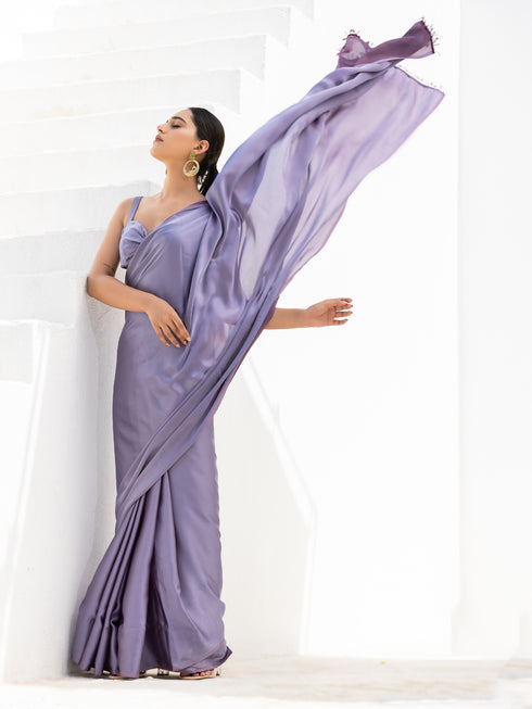 Glossy Iris Mauve Satin Dual Shade Saree with Blouse Fabric