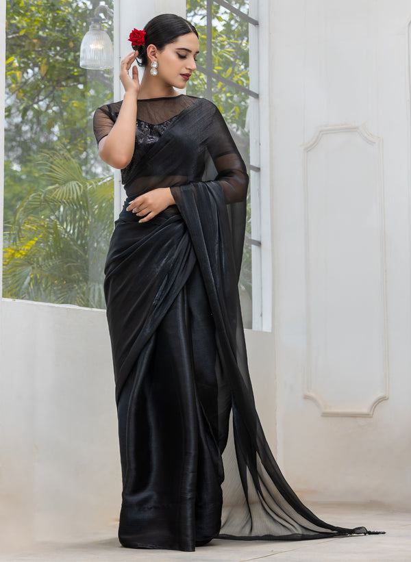 Black Friday Chiffon Organza Saree with Mirror Pendants and Blouse Fabric