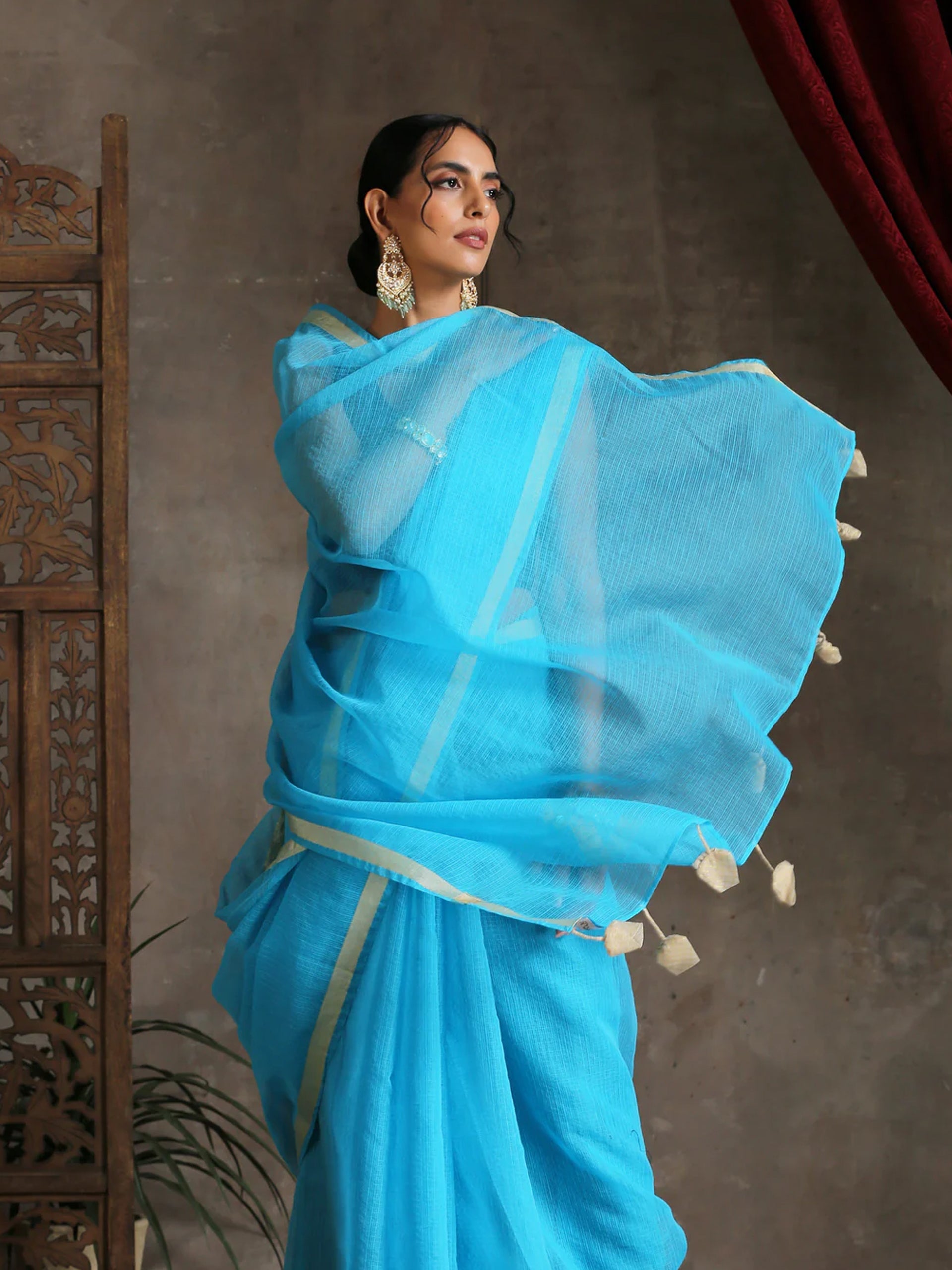 Sapphire Blue Kota Doria Saree with Border & Tassles