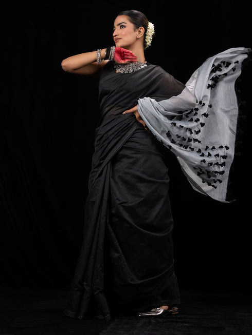 Pom pom cotton Black-Grey Saree
