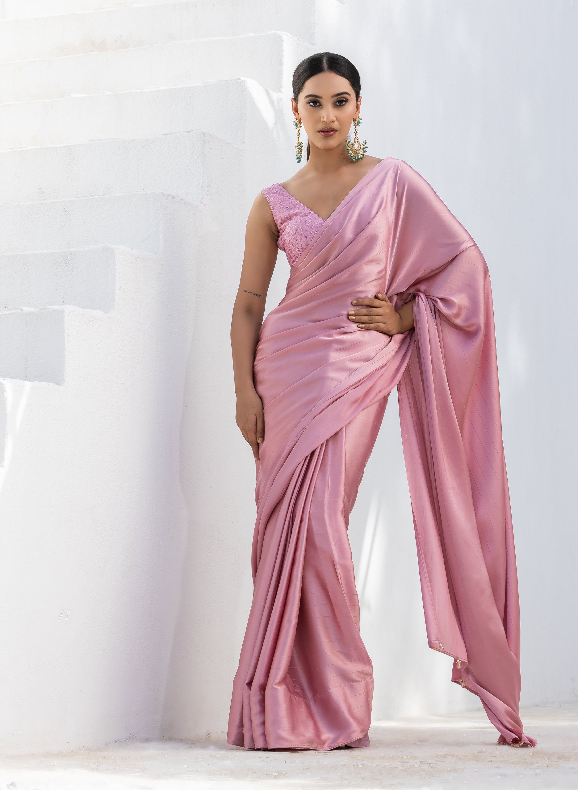 Cherry Blossom Pink Stripe Satin Saree with Embroidery Blouse fabric