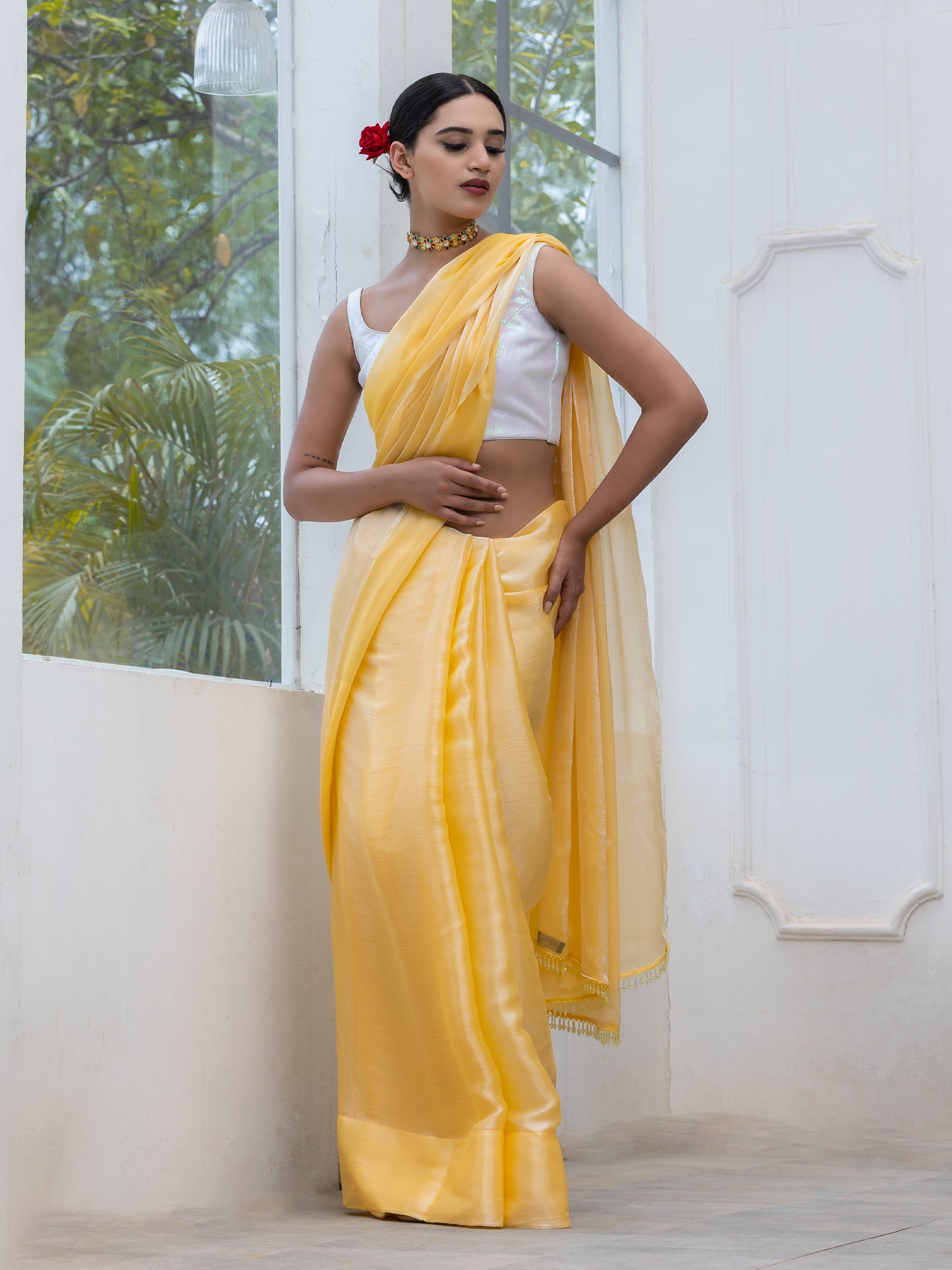 Lemon Fizz Chiffon Organza Saree with Lace and Blouse fabric