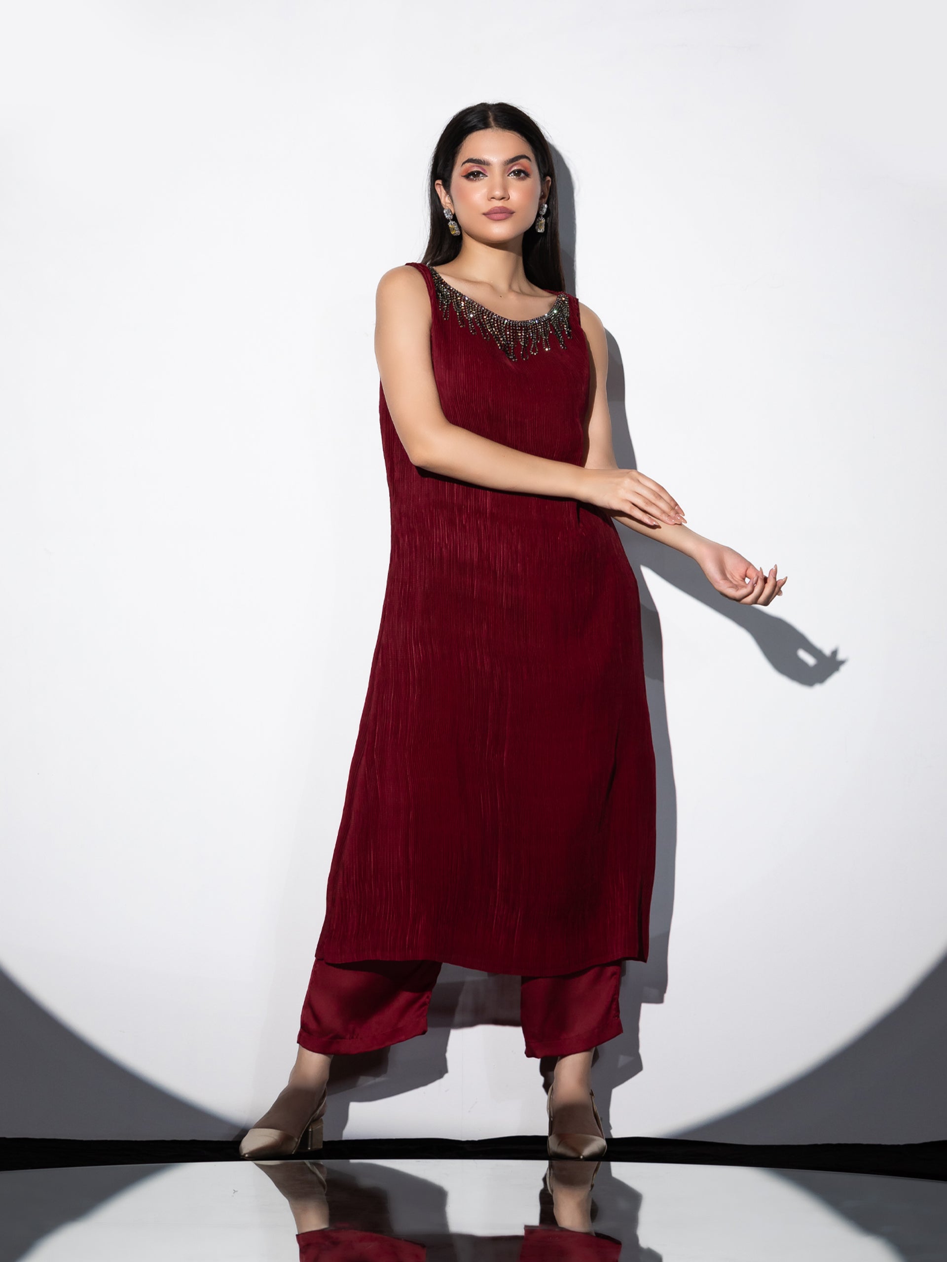 Women's Sangria Pleated Top with Hanging Crystals Set with Pants 2 Piece Set | Straight Fit, Round Neck, Sleeveless, Pants, Festive Wear, (Satin)