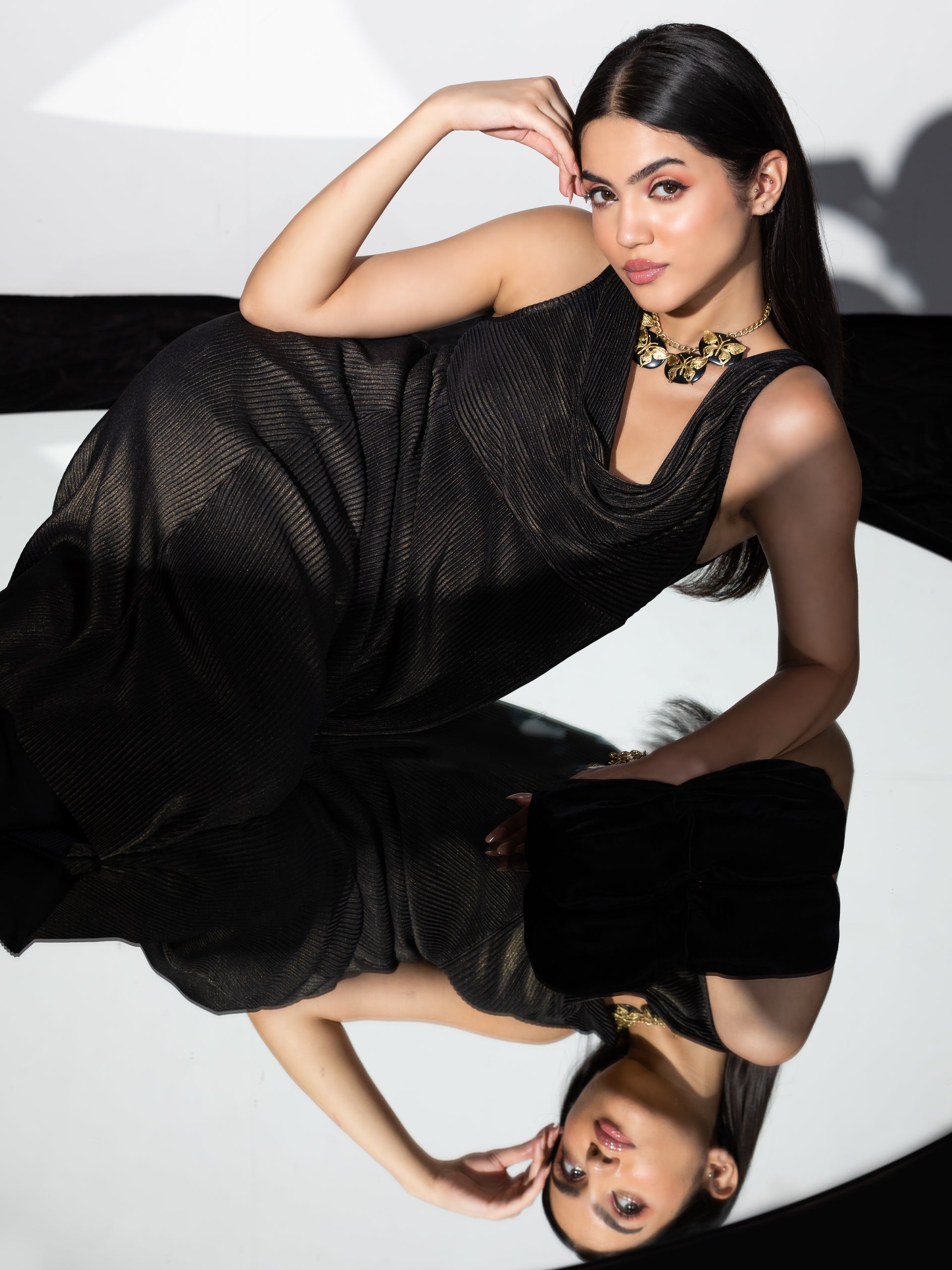Women's Cowl Neck Pleated Black Gold Top Set with Dhoti Pant, 2 Piece Set | Straight Fit, Cowl Neck, Sleeveless, Dhoti Pants, Partywear, (Satin)